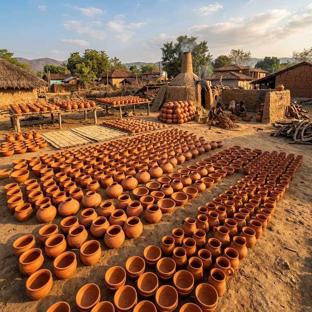 Handcrafted natural terracotta and clay products drying in the sun representing organic sustainability